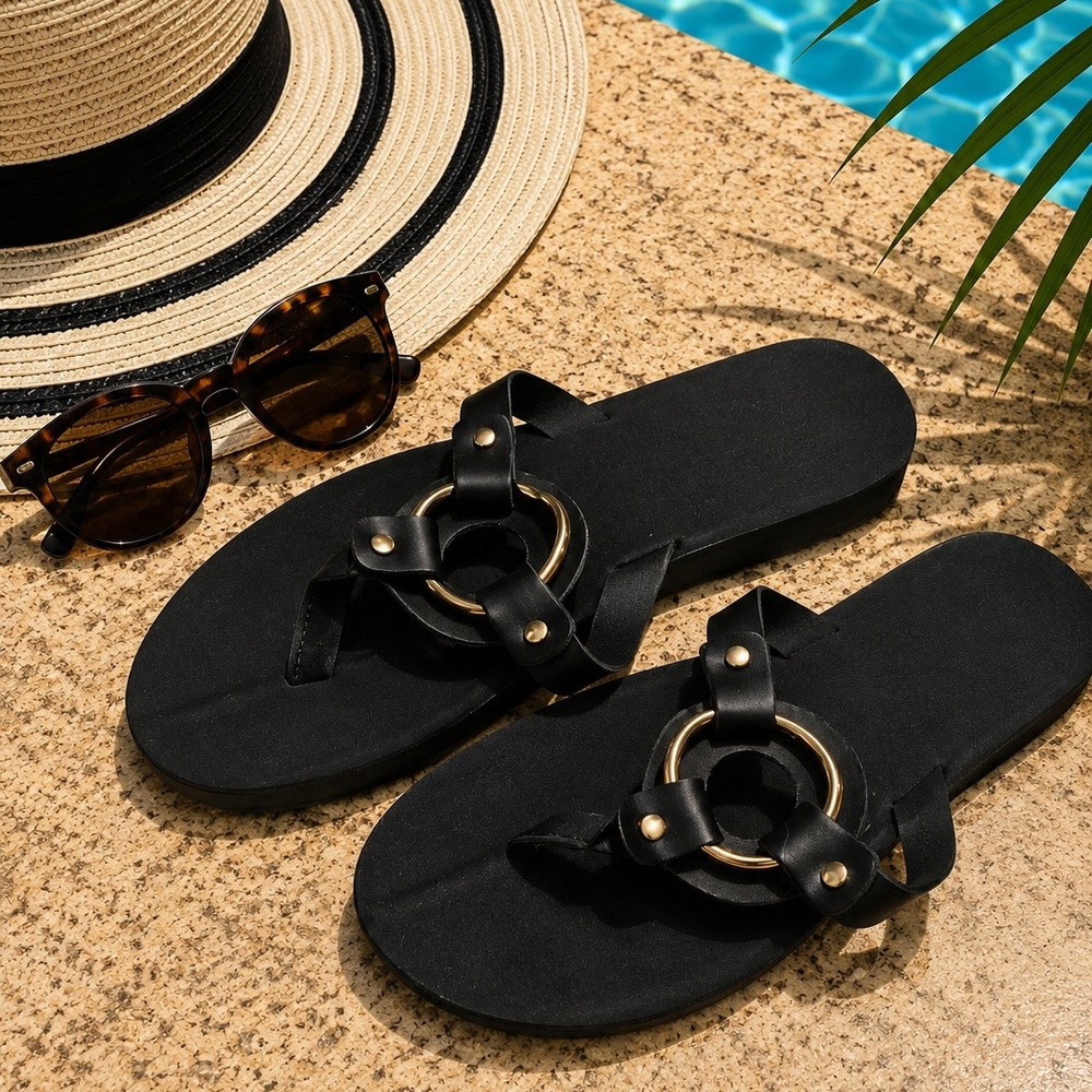 Black Women's Ring-Accent Slide Sandals